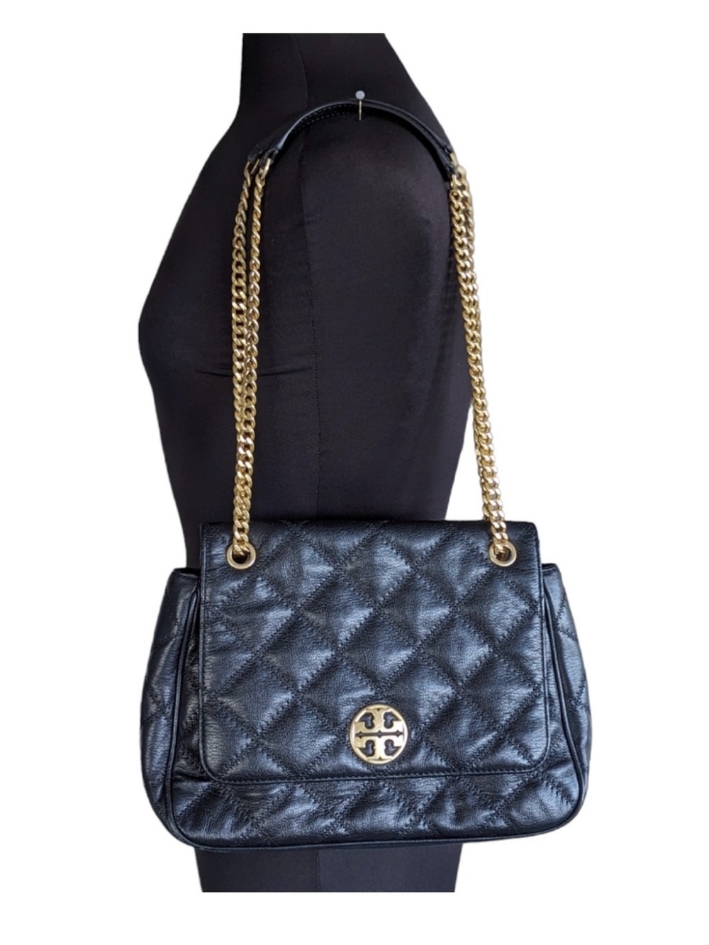 Tory Burch Black Quilted Leather Shoulder Bag with Gold Chain
